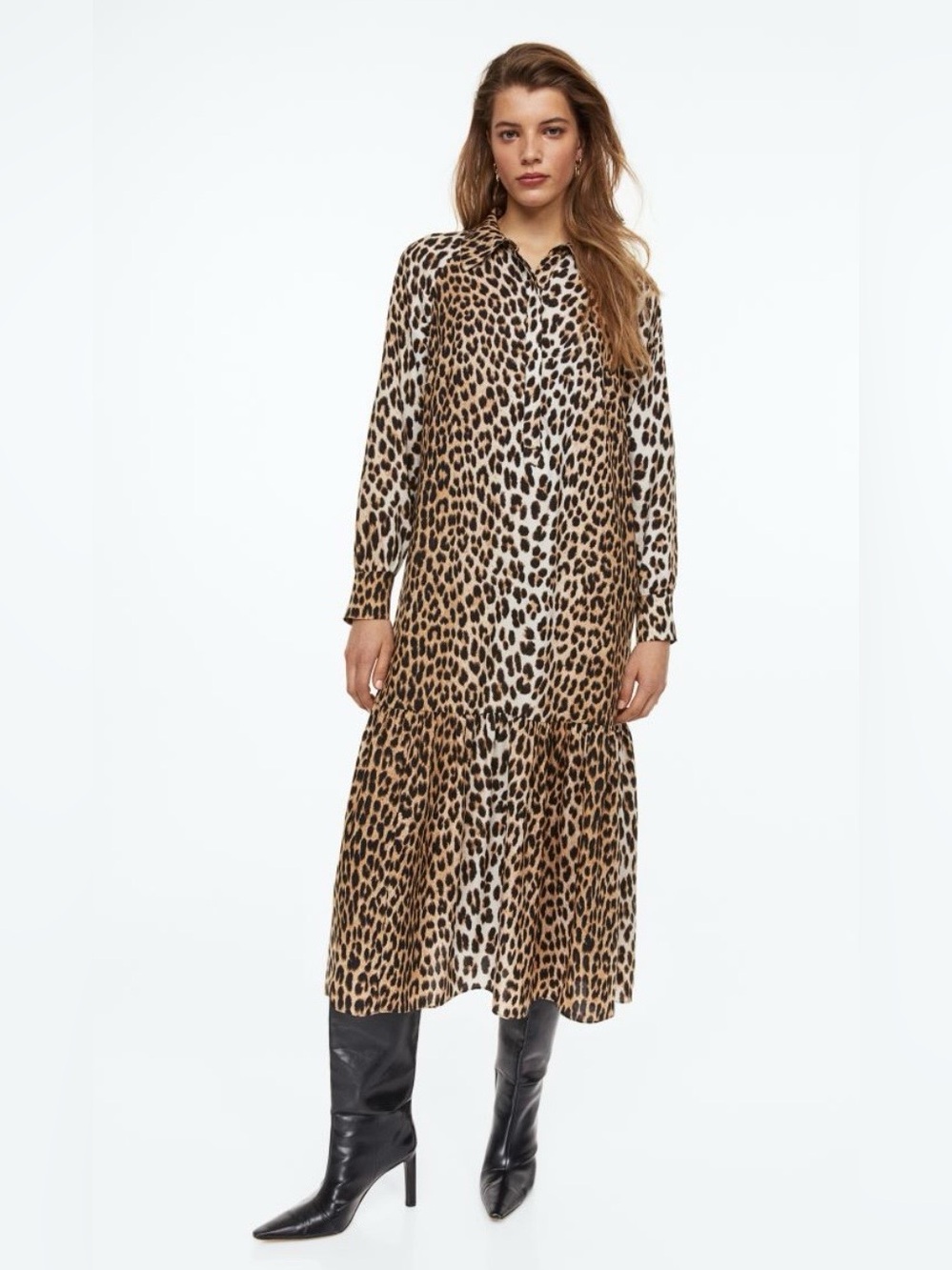 H&M Leopard Print Tiered Midi Dress Longsleeve